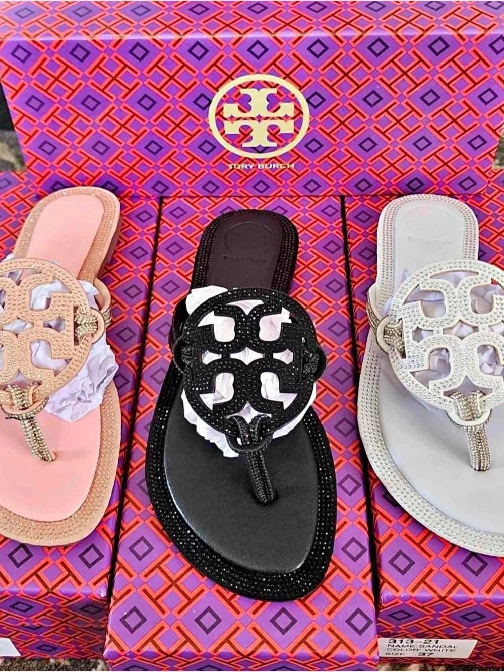 Tory Burch Black Logo Thong Sandal with Crystal Detailing
